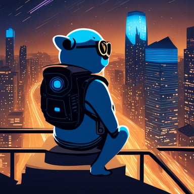 Go Blue Gopher, from the top of the tallest building, embodies a cyberpunk Jedi, legs crossed, lost in deep thought.