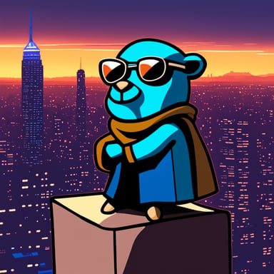 Go Blue Gopher, from the top of the tallest building, embodies a cyberpunk Jedi, legs crossed, lost in deep thought.