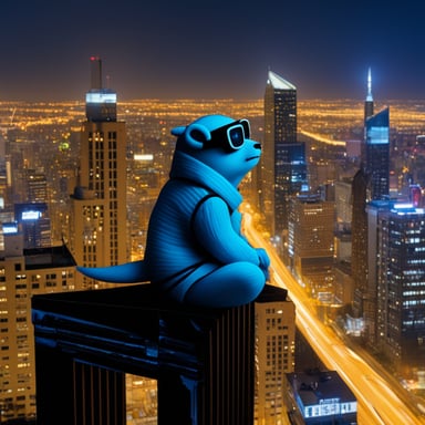 Go Blue Gopher, from the top of the tallest building, embodies a cyberpunk Jedi, legs crossed, lost in deep thought.