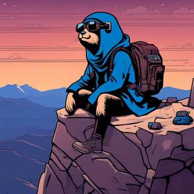 Go Blue Gopher, from the top of the tallest mountain, embodies a cyberpunk Jedi, legs crossed, lost in deep thought.