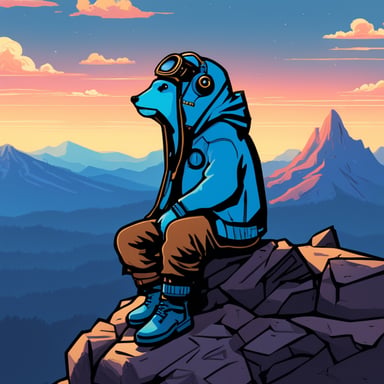 Go Blue Gopher, from the top of the tallest mountain, embodies a cyberpunk Jedi, legs crossed, lost in deep thought.