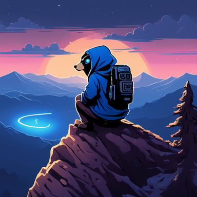 Go Blue Gopher, from the top of the tallest mountain, embodies a cyberpunk Jedi, lost in deep thought.