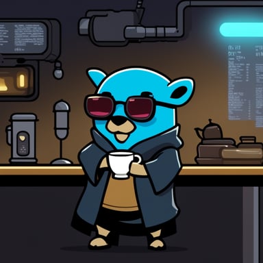Go Blue Gopher as a cyberpunk Jedi holding a cup of coffee.