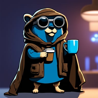Go Blue Gopher as a cyberpunk Jedi holding a cup of coffee.