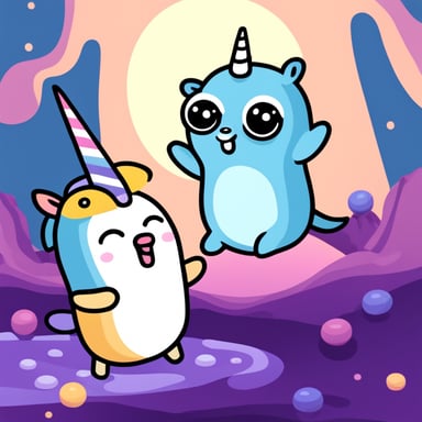 A go blue gopher playing with a unicorn.