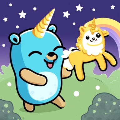 A go blue gopher playing with a unicorn.
