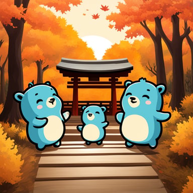 Three Go Blue Gophers in a Shinto shrine in autumn.