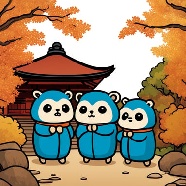 Three Go Blue Gophers in a Shinto shrine in autumn.