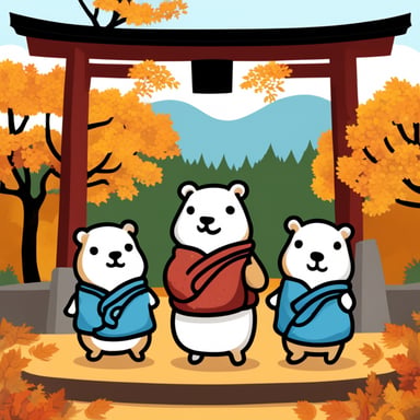 Three Go Blue Gophers in a Shinto shrine in autumn.