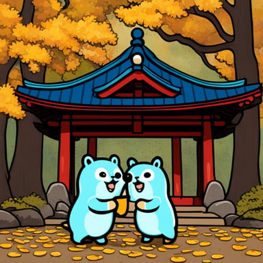 Three Go Blue Gophers in a Shinto shrine in autumn.