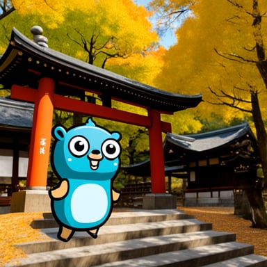 Go Blue Gopher visits a Shinto shrine in autumn.