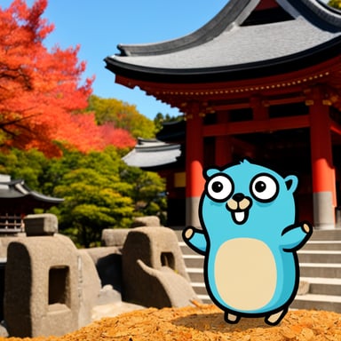 Go Blue Gopher visits a Shinto shrine in autumn.