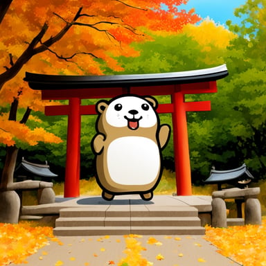 Go Blue Gopher visits a Shinto shrine in autumn.