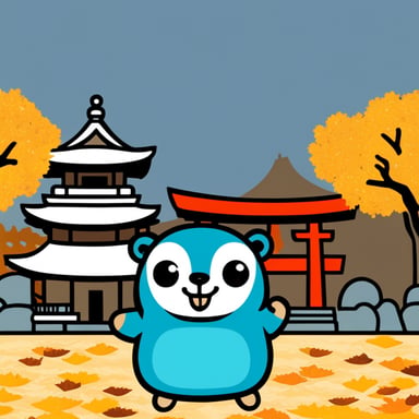 Go Blue Gopher visits a Shinto shrine in autumn.