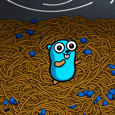 Go Blue Gopher managing a pile of spaghetti.