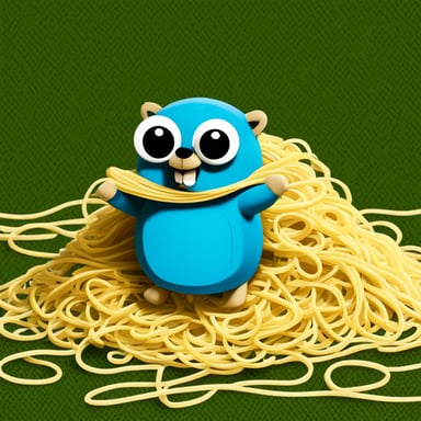 Go Blue Gopher managing a pile of spaghetti.