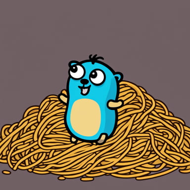 Go Blue Gopher managing a pile of spaghetti.