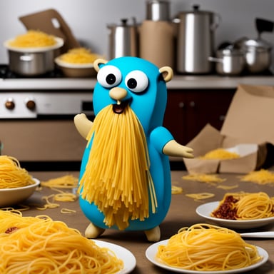 Go Blue Gopher managing a pile of spaghetti.