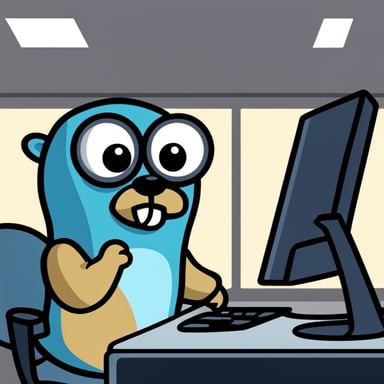 A go blue gopher is diligently studying Rust in front of a computer.