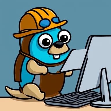 A go blue gopher is diligently studying Rust in front of a computer.