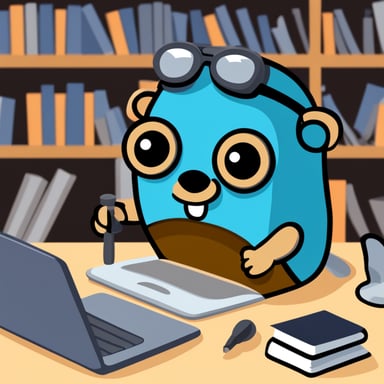 A go blue gopher is diligently studying Rust in front of a computer.