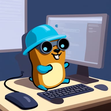 A go blue gopher is diligently studying Rust in front of a computer.