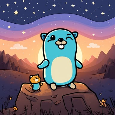 Go Blue Gopher sitting under a starry night sky with a cat