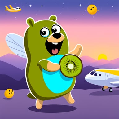 Go Blue Gopher eating kiwi playing with airplanes.