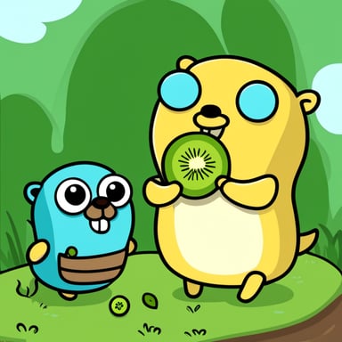 Go Blue Gopher playing with airplanes and eating kiwi.