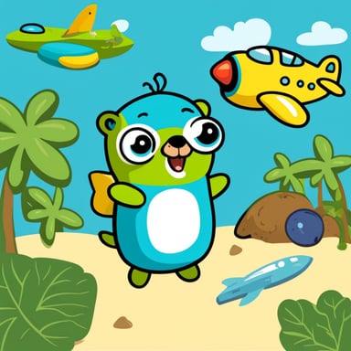 Go Blue Gopher playing with airplanes and eating kiwi.
