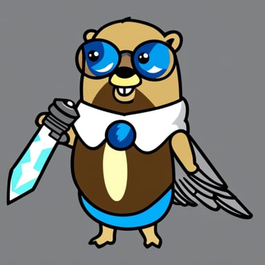 Go Blue Gopher with one bionic arm and a falcon on his other arm.