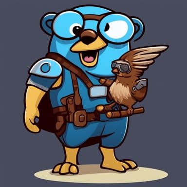 Go Blue Gopher with one bionic arm and a falcon sitting on his other arm, cartoon style.
