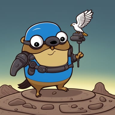 Go Blue Gopher with one bionic arm and a falcon sitting on his other arm, cartoon style.