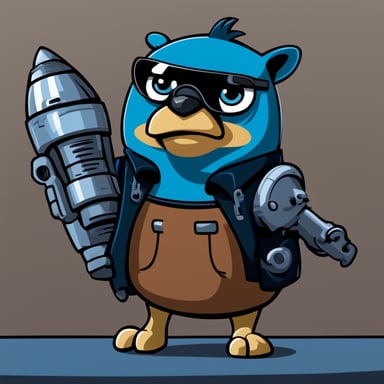 Go Blue Gopher with one bionic arm and a falcon sitting on his other arm, cartoon style.