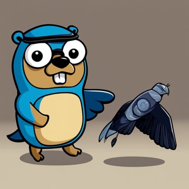Go Blue Gopher with one bionic arm and a falcon sitting on his other arm, cartoon style.