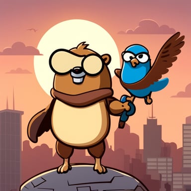 Go Blue Gopher with one bionic arm and a falcon sitting on his other arm, in heroic pose, cartoon style.