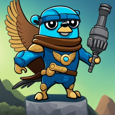 Go Blue Gopher with one bionic arm and a falcon sitting on his other arm, in heroic pose, cartoon style.