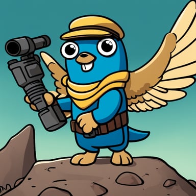 Go Blue Gopher with one bionic arm and a falcon sitting on his other arm, in heroic pose, cartoon style.