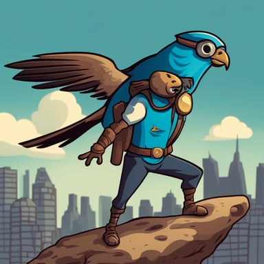 Go Blue Gopher with one bionic arm and a falcon sitting on his other arm, in heroic pose, cartoon style.