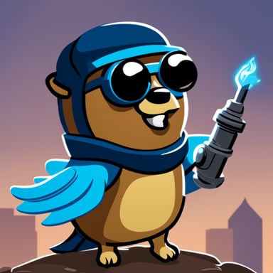Go Blue Gopher as a Bionic Gopher with a falcon sitting on his arm, in a heroic pose.