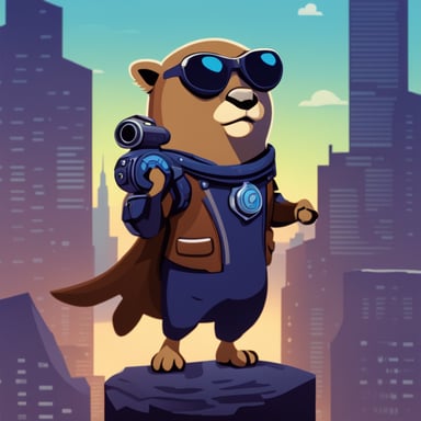 Go Blue Gopher as a Bionic Gopher with a falcon sitting on his arm, in a heroic pose.