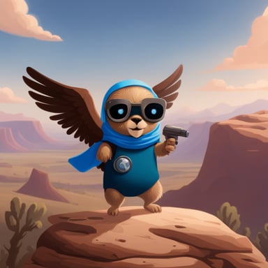 Go Blue Gopher as a Bionic Gopher with a falcon sitting on his arm, in a heroic pose.