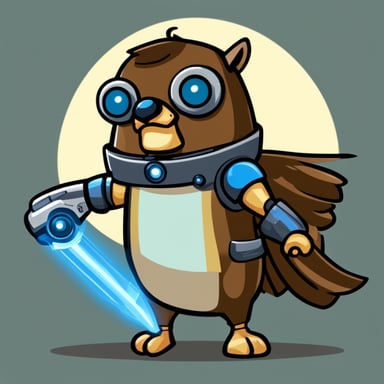 Go Blue Gopher as a robotic Gopher with a falcon sitting on his arm, in a heroic pose, cartoon style.