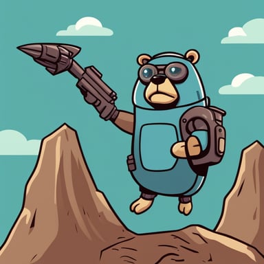 Go Blue Gopher as a robotic Gopher with a falcon sitting on his arm, in a heroic pose, cartoon style.