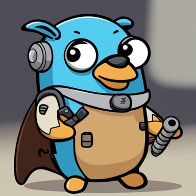 Go Blue Gopher as a robotic Gopher with a falcon sitting on his arm, in a heroic pose, cartoon style.