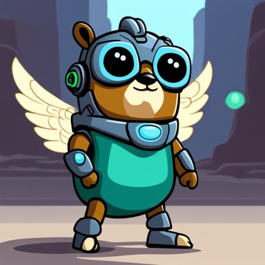 Go Blue Gopher as a robot with falcon wings in a heroic pose, with a green B on his chest, cartoon style.