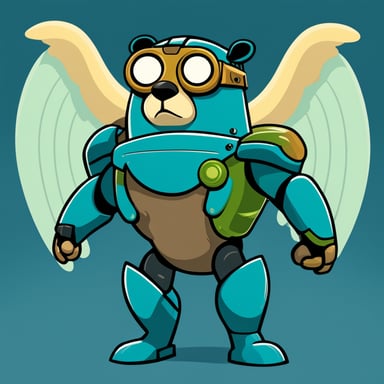 Go Blue Gopher as a robot with falcon wings in a heroic pose, with a green B on his chest, cartoon style.