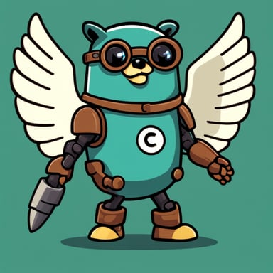 Go Blue Gopher as a robot with falcon wings in a heroic pose, with a green B on his chest, cartoon style.