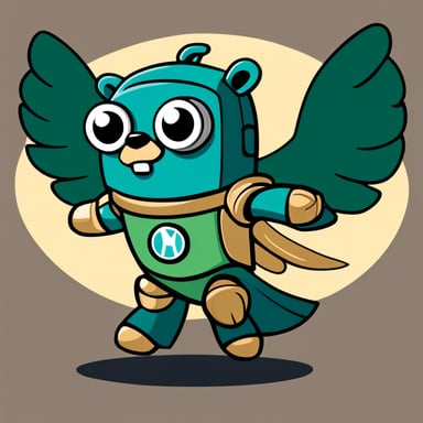 Go Blue Gopher as a robot with falcon wings in a heroic pose, with a green B on his chest, cartoon style.