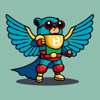 Go Blue Gopher as a robot with red falcon wings in a heroic pose, with a green B letter on his chest, cartoon style.